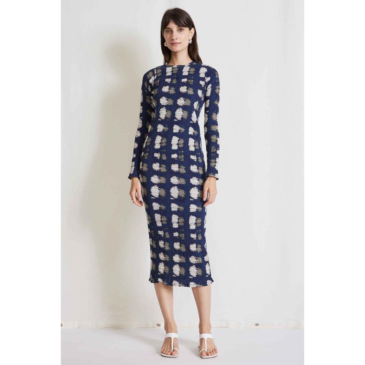 Apiece Apart Suenos Smock Midi Dress Navy Blue Print Long Sleeve Sz L